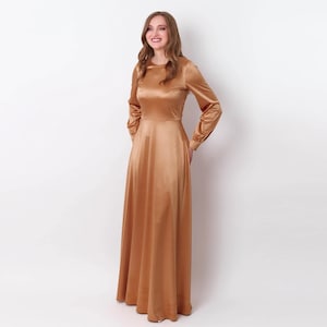 Gold luxury satin dress with belt, bridesmaid dresses, wedding guest dress, shining jersey dress, long dress, evening dress