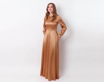 Mustard Gold Satin Maxi Dress, Dolman Sleeve Formal Gown