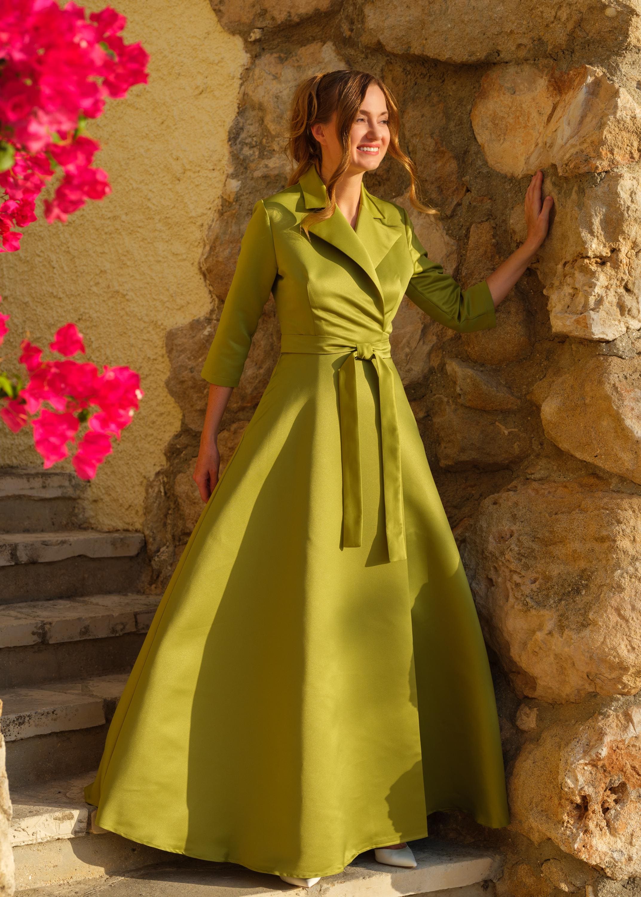 Emerald Green Wrap Satin Dress, Wrap Dress, Bridesmaid Dress, Wedding Guest Dress, Women Dress, Maxi Dress, Evening Dress, Long Dress