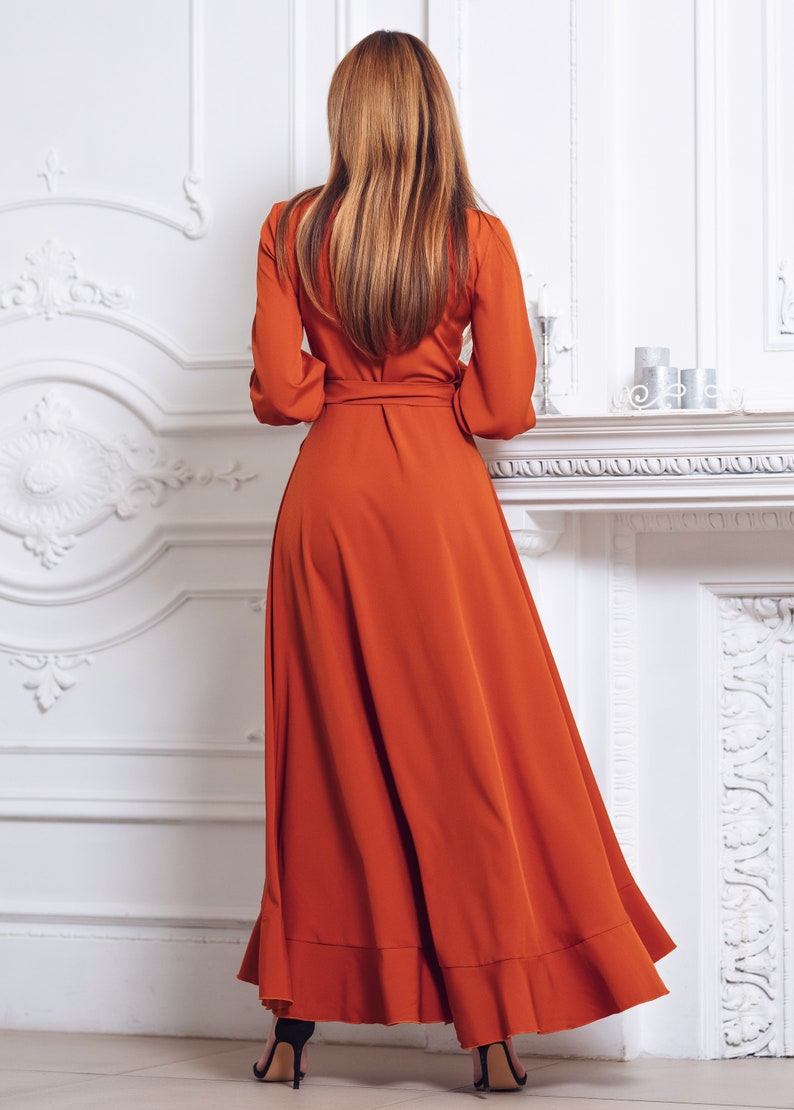 Rust orange long wrap dress, bridesmaid dress, cocktail dress, wedding guest dress, maxi party dress, formal dress, prom dress image 9