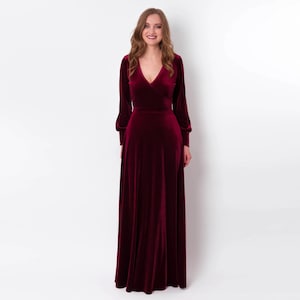 Plum Burgundy Velvet Maxi Dress: Elegant Long Sleeve Gown, Fall Wedding Guest, Modest Bridesmaid, Mother of the Bride or Groom