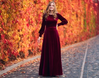 Plum burgundy velvet long dress, bridesmaid velvet dress, wedding dress, velvet bridesmaid dress, New Year dress, maxi dress, evening dress