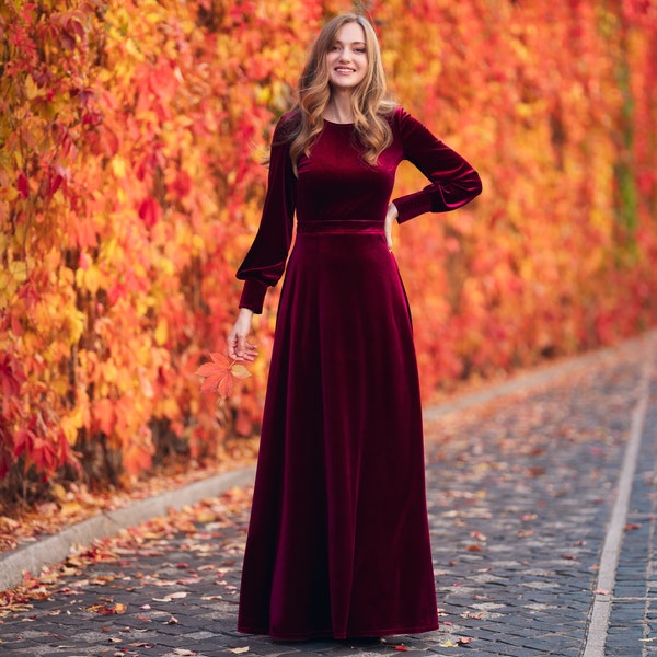 Pflaume Burgunder Samt langes Kleid, Brautjungfer Samtkleid, Hochzeitskleid, Samt Brautjungfernkleid, Neujahrskleid, Maxikleid, Abendkleid