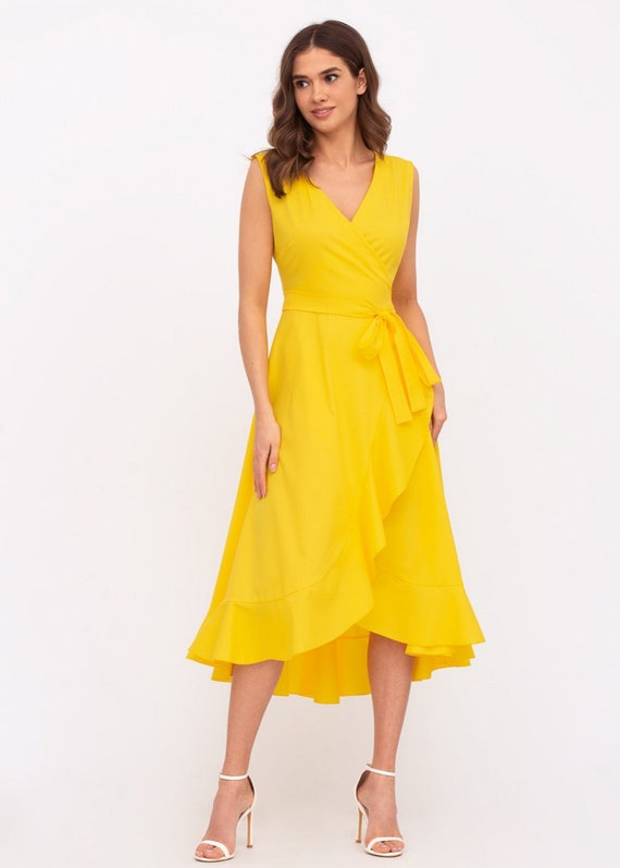 neon yellow wrap dress Forever 21 Love 21 Neon Yellow Sleeveless Wrap Dress with Hi-Low Hem Size Large