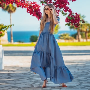 Blue cotton boho long summer dress, maxi handmade soft cotton dress, organic cotton dress, vintage dress fabric, summer wedding guest dress