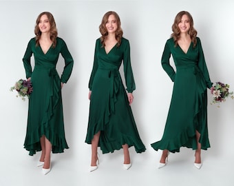 Dark green dress, silk dress, wrap dress, bridesmaid dress, wedding guest dress, women dress, maxi dress, evening dress,long dress,plus size