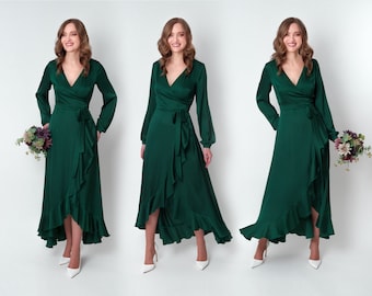 Emerald green dress, silk dress, wrap dress, bridesmaid dress, wedding guest dress, women dress, maxi dress, evening dress, long dress