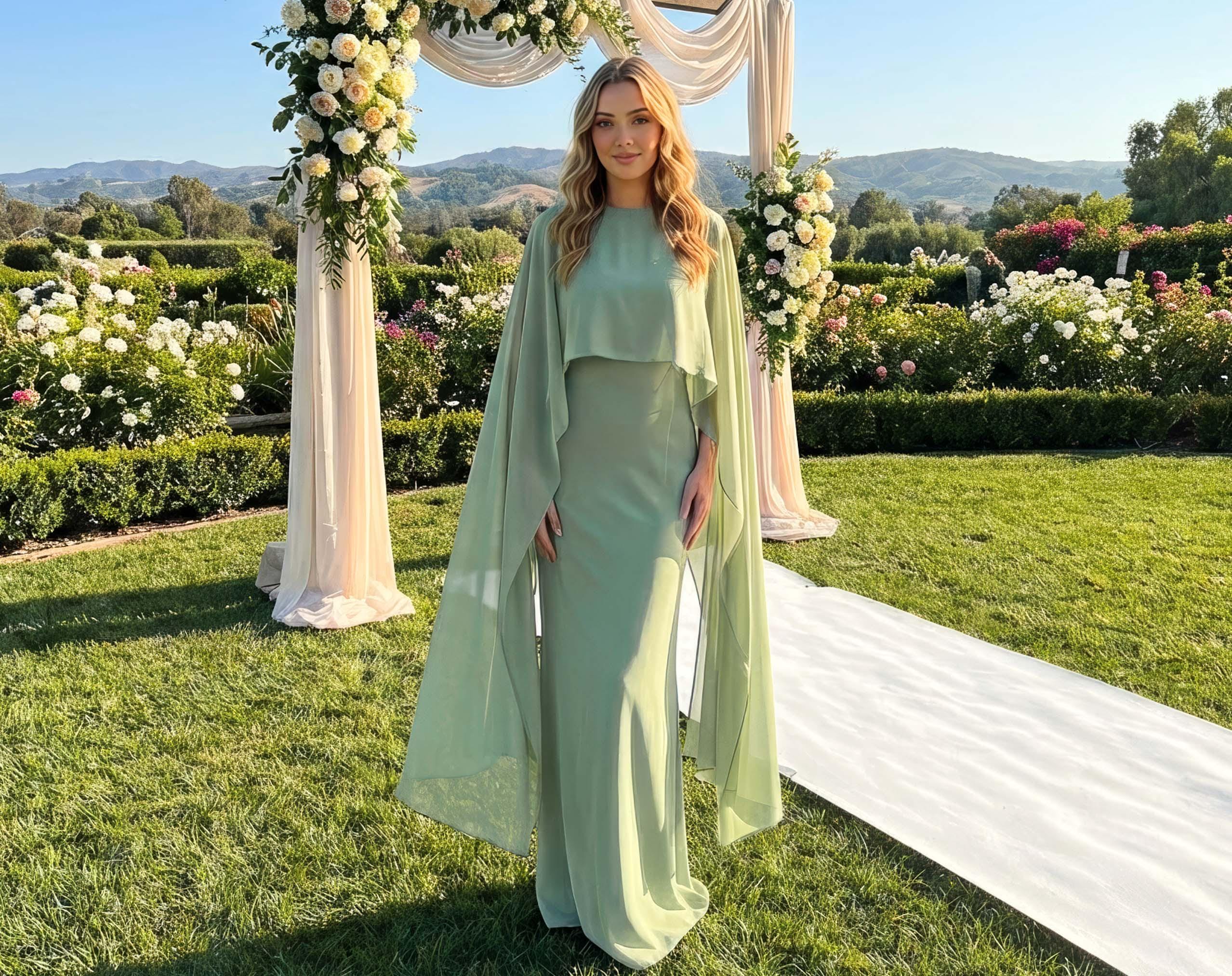 sage green cape dress Chiffon Long with Detachable Cape: Bridesmaids, Wedding guest, Special Occasions gown halter neck dress