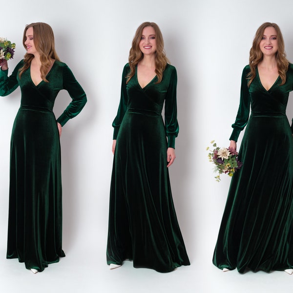 Emerald green velvet long dress, bridesmaid velvet dress, wedding guest dress, velvet gown, velvet slit dress, maxi dress, evening dress