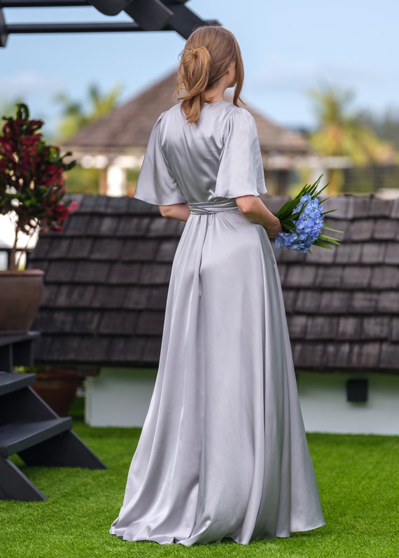 Silver Grey silk wrap dress, bridesmaid dress, wedding guest dress, silk satin dress, maxi dress, evening dress, long dress, formal dress