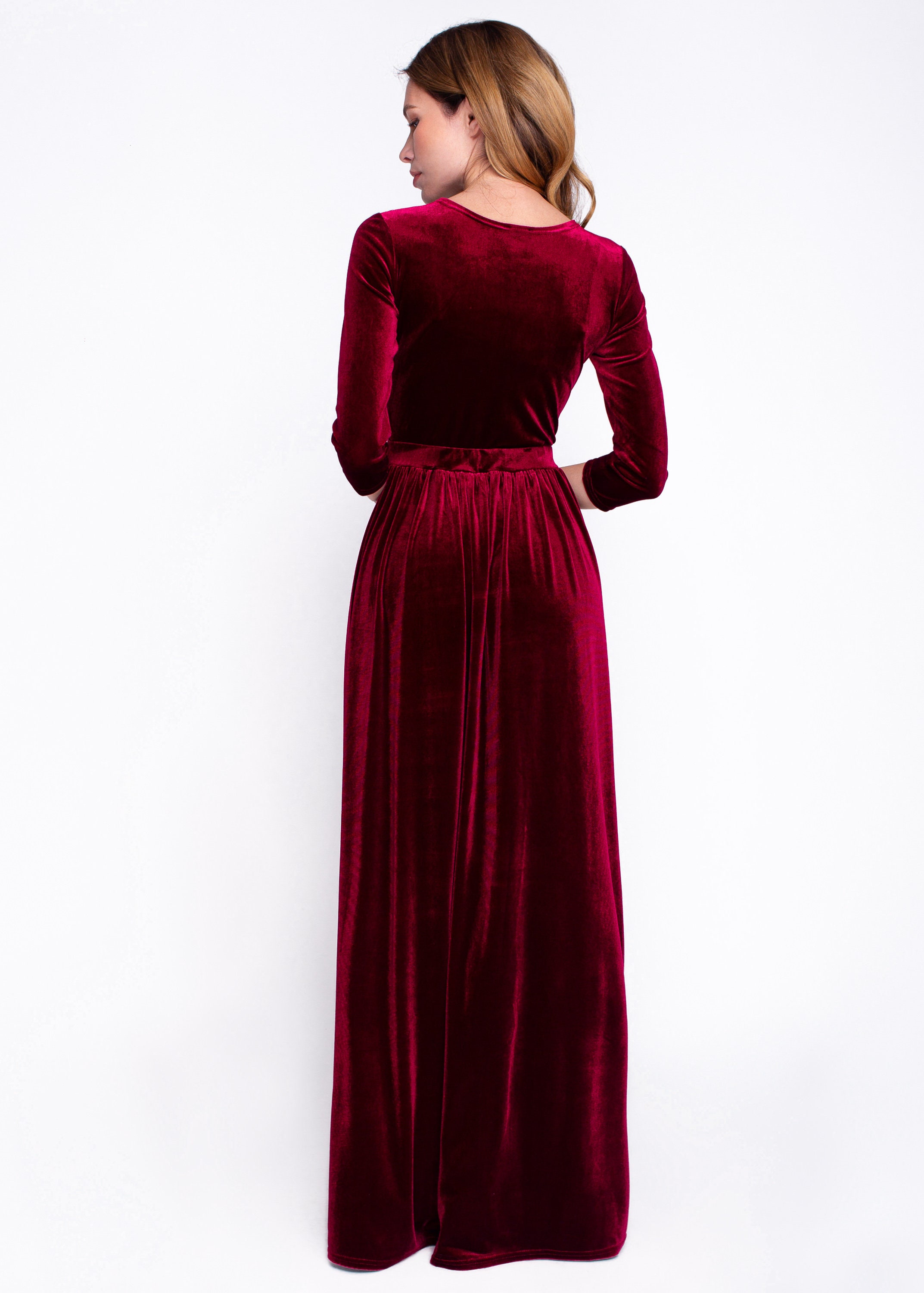 Gardenwed Fluwelen maxi-jurk met lange mouwen, grote maten, wikkeljurk, V-hals, lange formele avondjurk, cocktailjurk, feestjurk, Donker Groen, S