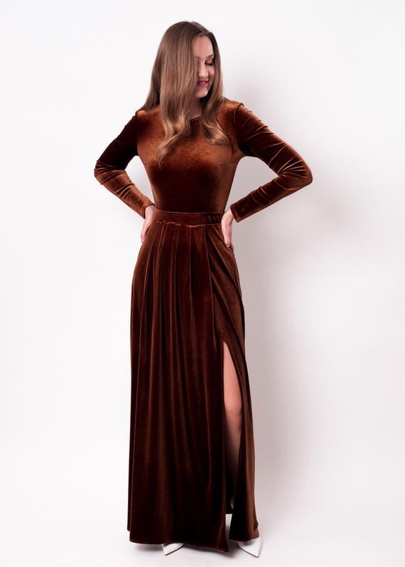 brown holiday dress ZAPAKA Women Velvet Off the Shoulder Holiday Party Dress Burgundy Cocktail Dress with Pleated, Brown / XL main image 1
