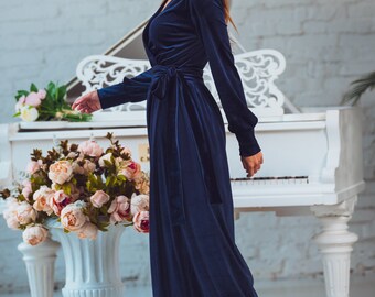 ネイビー ベルベット ロングドレス♡ ネイビーブルーのベルベットロングラップドレス、花嫁介添人用