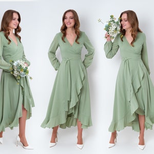 Vestido de dama de honor de gasa verde salvia, vestido de invitada de boda, vestido de dama de honor, vestido largo cruzado de gasa, vestido de noche, vestido formal de gasa