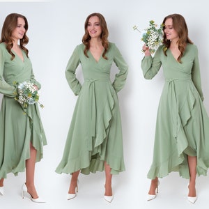 Sage green chiffon bridesmaid dress, wedding guest dress, bridesmaids dress, chiffon long wrap dress, evening dress, formal chiffon dress