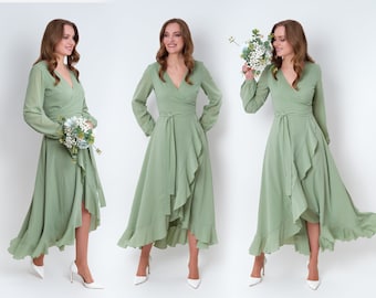 Sage green chiffon bridesmaid dress, wedding guest dress, bridesmaids dress, chiffon long wrap dress, evening dress, formal chiffon dress