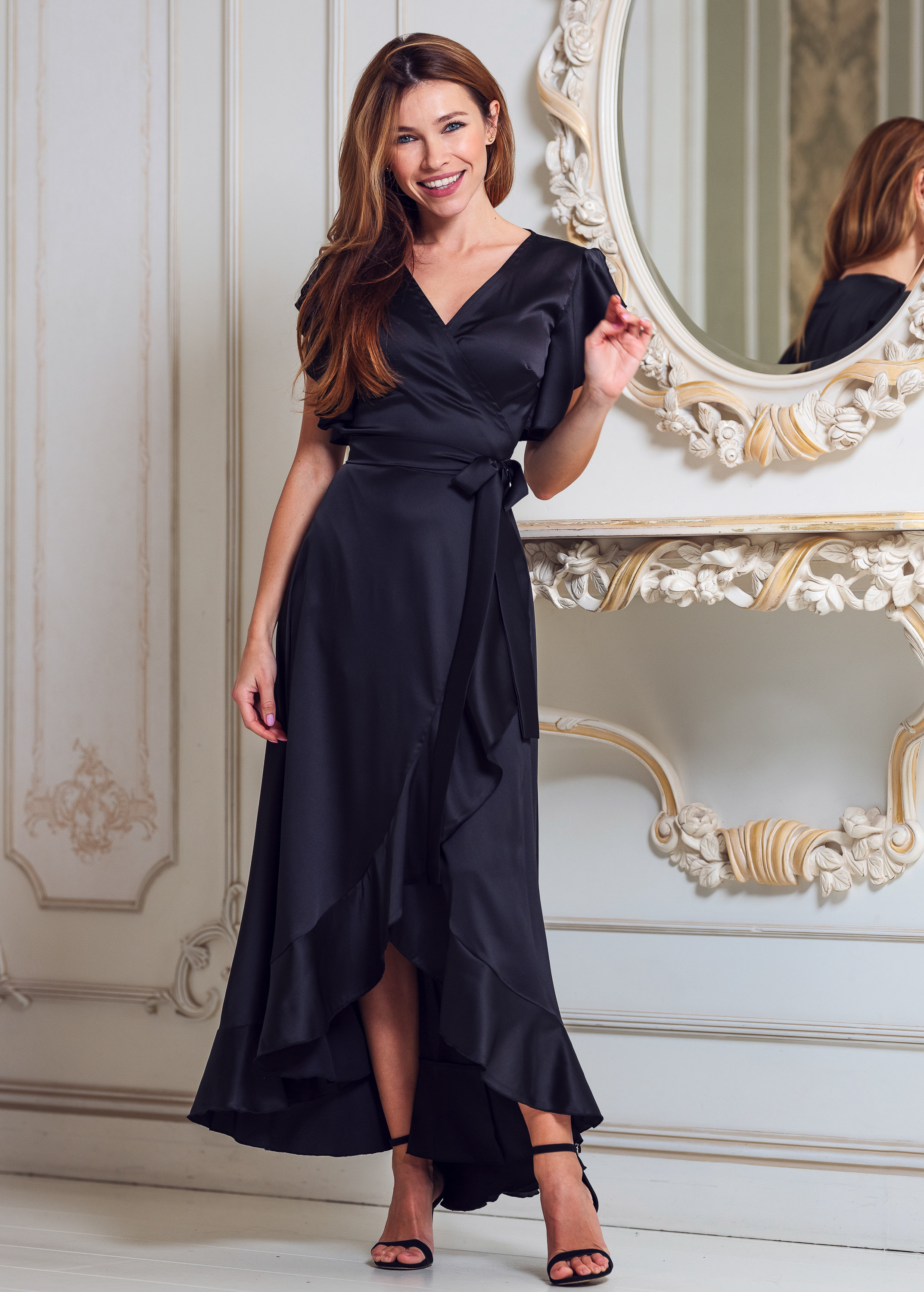 black wrap bridesmaid dress Zapaka Women Black Long Chiffon Bridesmaid Dress with Slit V-Neck Batwing Sleeves Wedding Guest Dress, Black / US8 main image 1