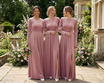 Mauve velvet maxi dress - holiday gown with long sleeves and slit, Christmas Party, Fall or Winter Wedding, Bridesmaid