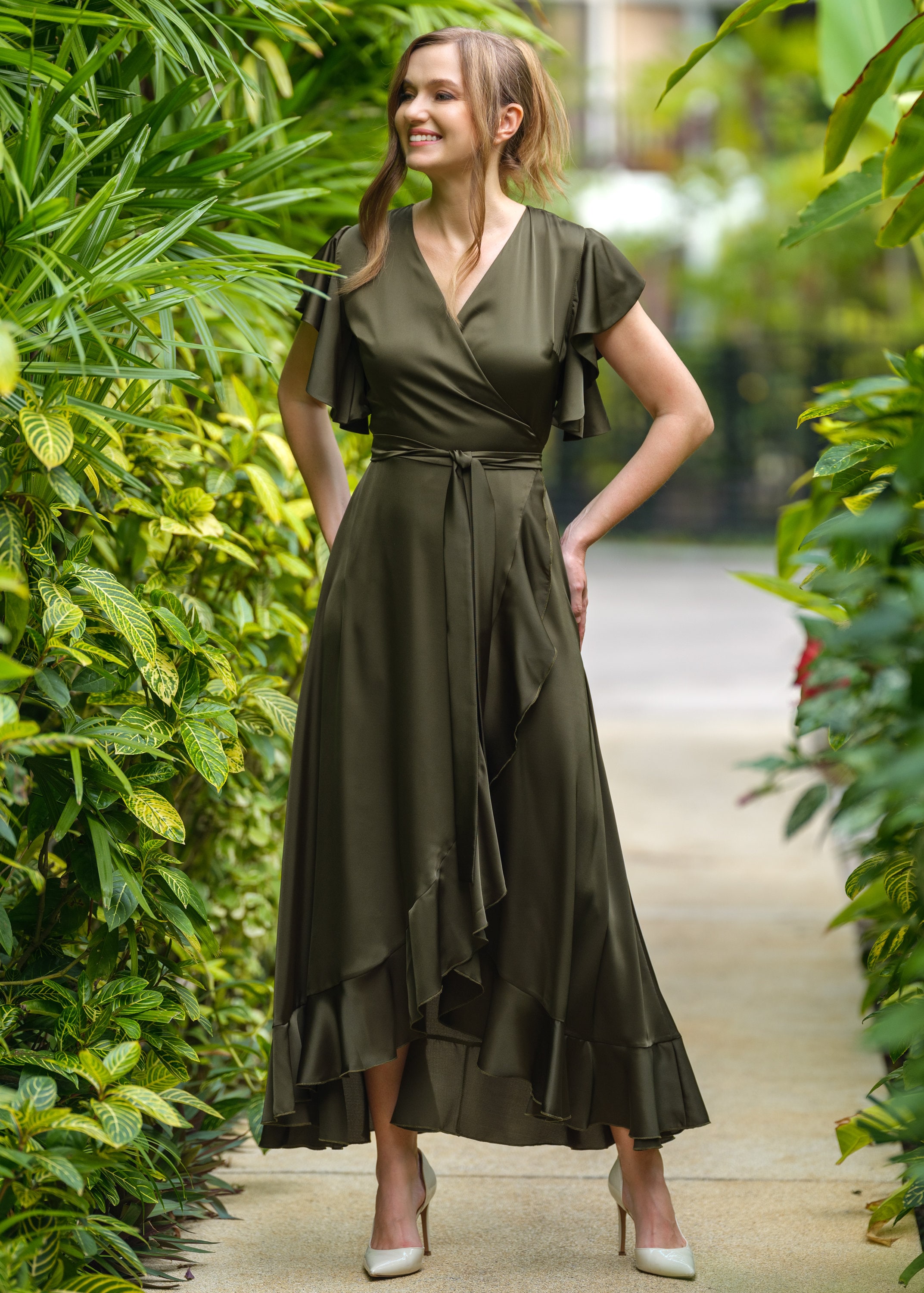 silk olive green dress Olive green silk slip sleeveless midi dress main image 1