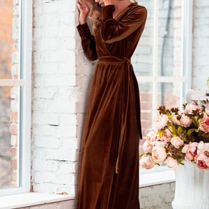 Rust Brown Velvet Wrap Robe: Long Sleeve Luxury Dressing Gown with Pockets and Waist Tie image 6