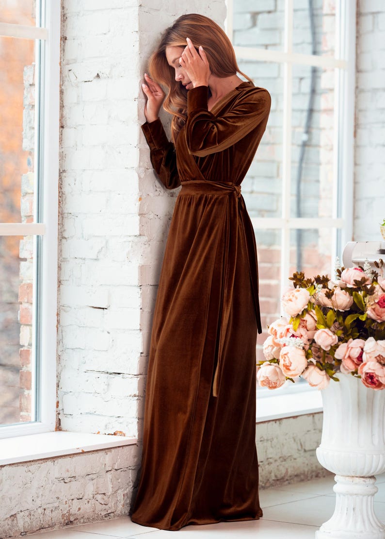Rust Brown Velvet Wrap Robe: Long Sleeve Luxury Dressing Gown with Pockets and Waist Tie image 6