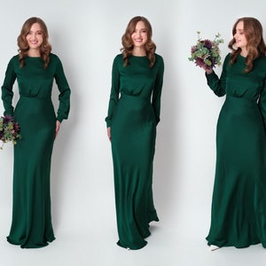 Dark green silk long dress, bridesmaid dress, wedding guest dress, evening dress, long sleeves dress, bridal party attire, plus size dress