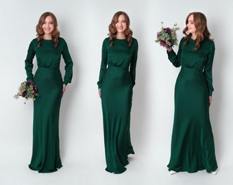 Dark green silk long dress, bridesmaid dress, wedding guest dress, evening dress, long sleeves dress, bridal party attire, long dress