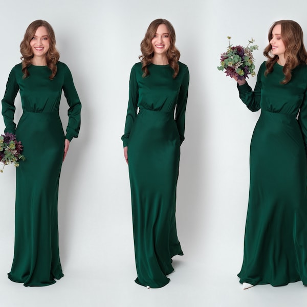 Robe longue en soie vert foncé, robe de demoiselle d'honneur, robe d'invité de mariage, robe de soirée, robe à manches longues, tenue de mariée, robe longue