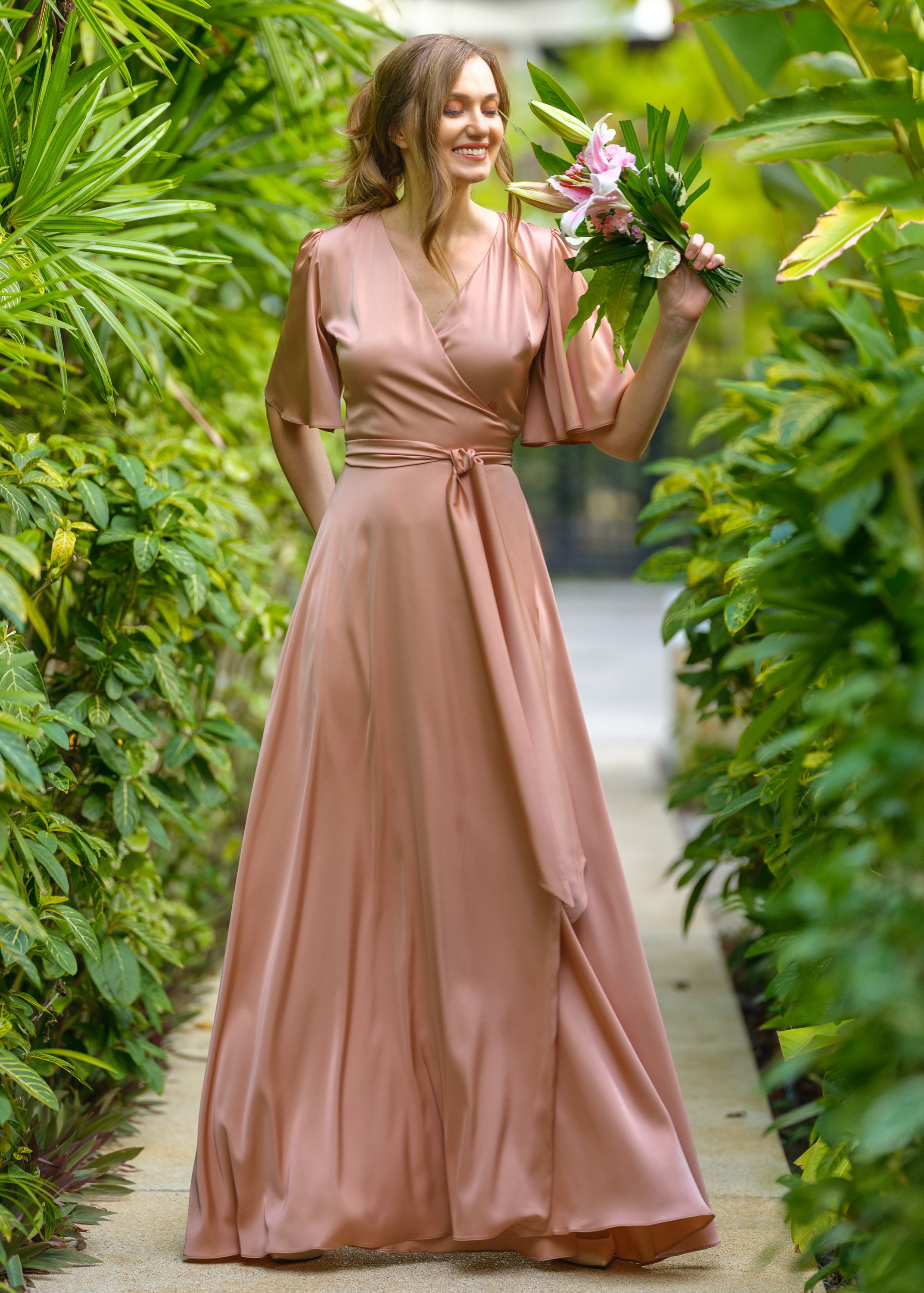 rose gold silk wrap dress Rose Gold Bridesmaid Dress Matte Satin Size 2XL