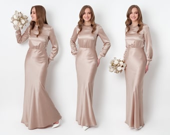 Champagne beige silk long dress, bridesmaid dress, wedding guest dress, evening dress, long sleeves dress, bridal party attire, long dress