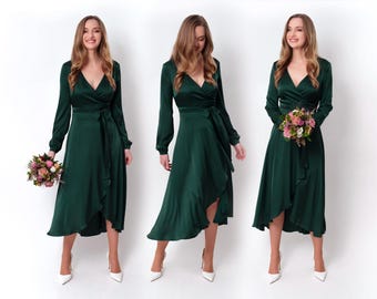 Robe en soie vert forêt, robe en soie, robe portefeuille, robe de demoiselle d'honneur, robe d'invité de mariage, robe pour femme, robe longue, robe de soirée, robe longue
