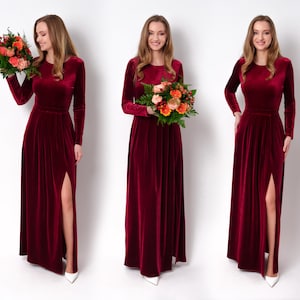 Burgundy velvet maxi dress - holiday gown with long sleeves and slit, Christmas, Fall or Winter Wedding, Bridesmaid, Mother of the bride