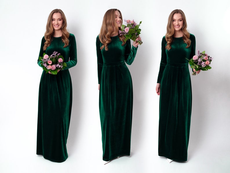 Emerald green velvet long dress, bridesmaid velvet dress, wedding dress, velvet bridesmaid dress, New Year dress, maxi dress, evening dress image 7