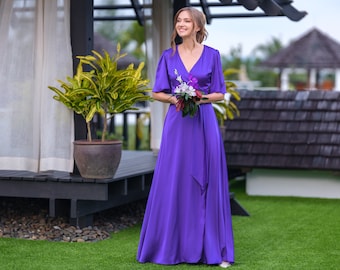 Vestido cruzado de seda morada, vestido de dama de honor, vestido de invitada de boda, vestido de satén de seda, vestido largo, vestido de noche, vestido largo, vestido formal