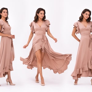 Rose gold dress, silk dress, wrap dress, bridesmaid dress, wedding guest dress, women dress, maxi dress, evening dress, long dress