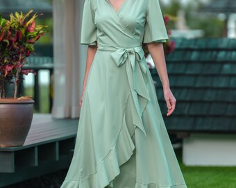 Sage green long wrap crepe dress, bridesmaid dress, wedding guest dress, formal dress, cocktail dress, evening dress, ruffle dress Sage green long wrap crepe dress, bridesmaid dress, wedding guest dress, formal dress, cocktail dress, evening dress, ruffle dress