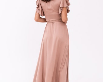 rose gold silk wrap dress Faux-Wrap Long Prom Dress with Deep V-Neck