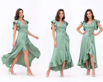 Sage green dress, silk dress, wrap dress, bridesmaid dress, wedding guest dress, women dress, maxi dress, evening dress, long dress