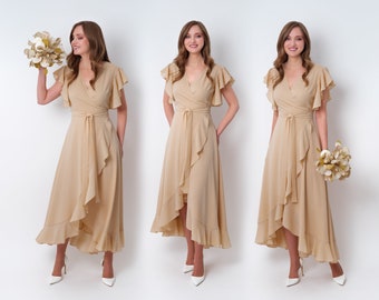 Champagne beige chiffon bridesmaid dress, wedding guest dress, bridesmaids dress, chiffon wrap dress, evening dress, formal chiffon dress