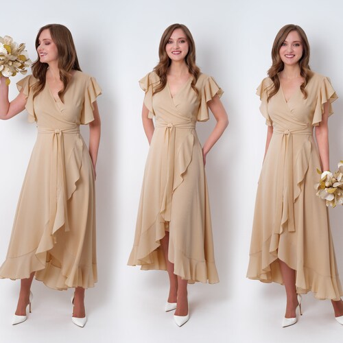 Champagner beige Chiffon Brautjungfer Kleid, Hochzeitsgast Kleid, Brautjungfern Kleid, Chiffon Wickelkleid, Abendkleid, formelles Chiffon Kleid