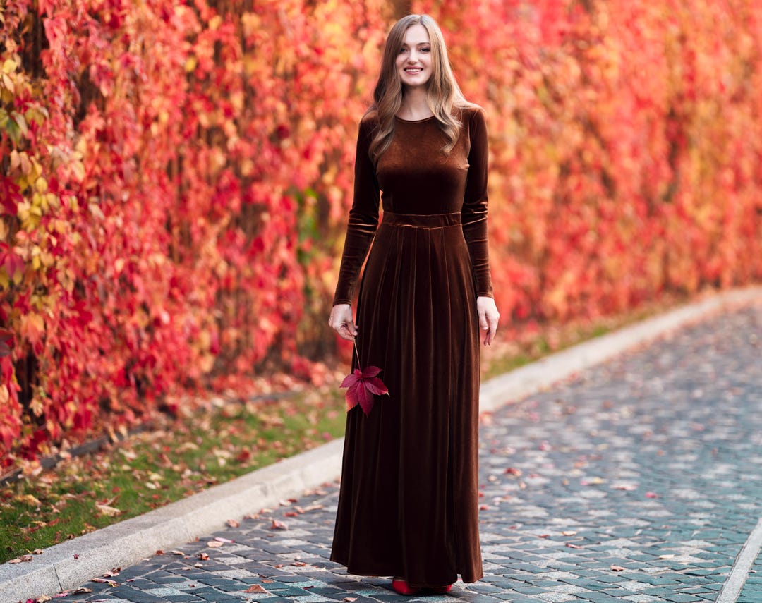 Rust Brown velvet maxi dress - holiday gown with long sleeves and slit, Christmas, Fall or Winter Wedding, Bridesmaid