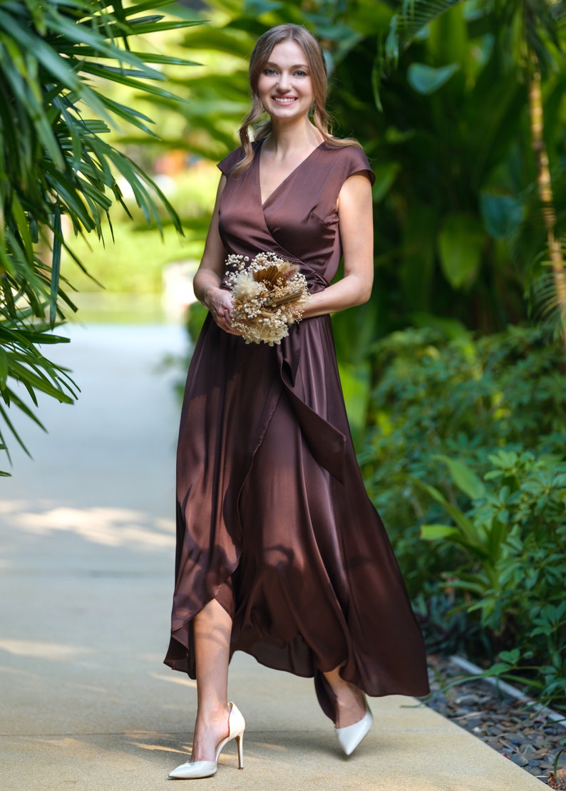 Chocolate brown silk dress, silk dress, wrap dress, bridesmaid dress, wedding guest dress, women dress, evening dress, long dress image 2