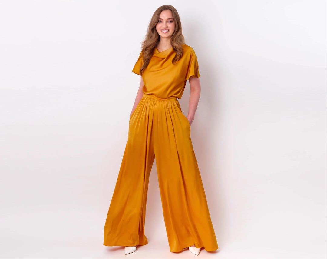 Graceful Jumpsuit with a Chiffon Skirt Overlay Gold