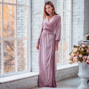 Mauve velvet long wrap dress, bridesmaid velvet dress, wedding dress, velvet bridesmaid dress, New Year dress, maxi dress,evening dress