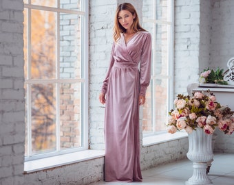 Mauve Velvet Long Wrap Dress Bridesmaid Velvet Dress Wedding Dress Velvet Bridesmaid Dress New Year Dress Maxi Dress evening Dress Etsy