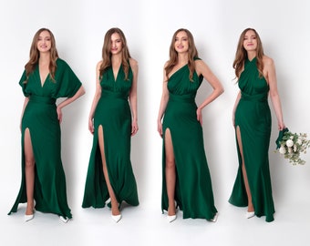 Infinity slit dress, dark green silk dress, bridesmaid dress, silk satin dress, multi wrap dress, convertible dress, multiway dress