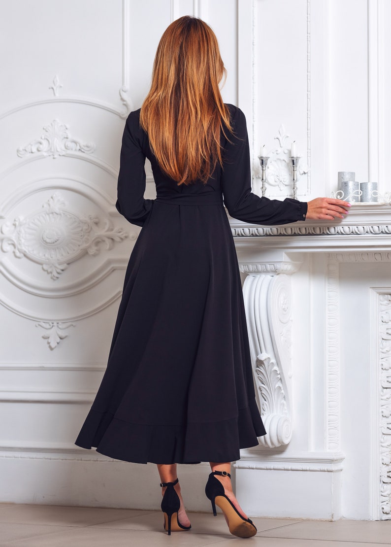 Robe portefeuille longue noire, robe de demoiselle d'honneur, robe de cocktail, robe d'invité de mariage, robe de soirée, robe formelle, robe de bal, robe de soirée image 9