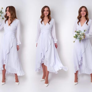 White chiffon wrap dress, simple wedding dress, wedding guest dress, bridesmaids dress, chiffon long dress, evening dress, formal dress