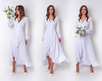 Vestido cruzado de gasa blanca, vestido de novia sencillo, vestido de invitada de boda, vestido de dama de honor, vestido largo de gasa, vestido de noche, vestido formal