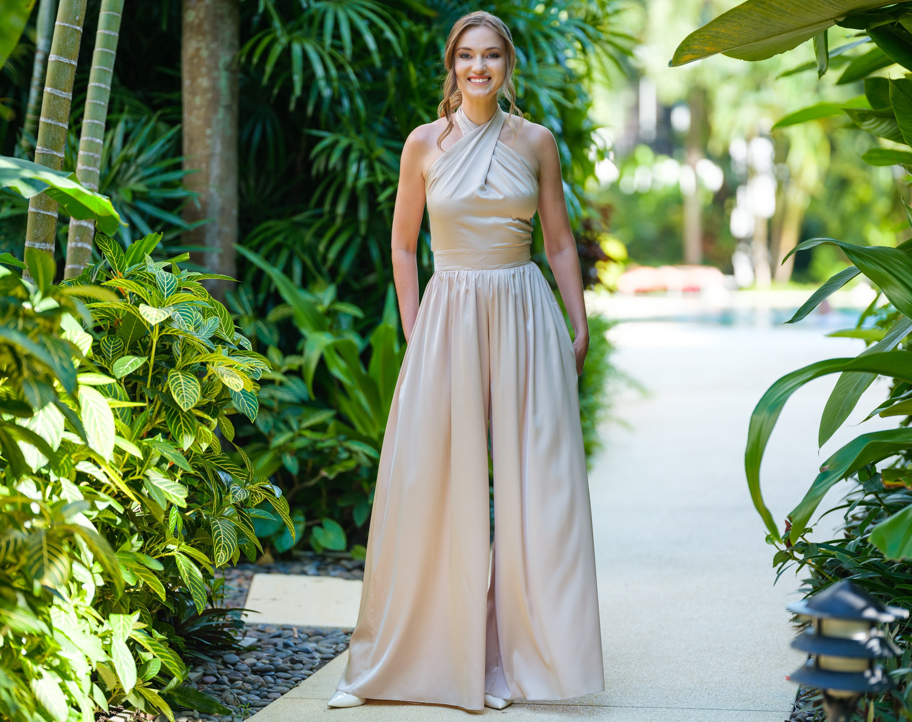 champagne halter neck bridesmaid dress Hazel Halter Maxi Dress ~ Champagne Luxe Satin – Show Me Your Mumu